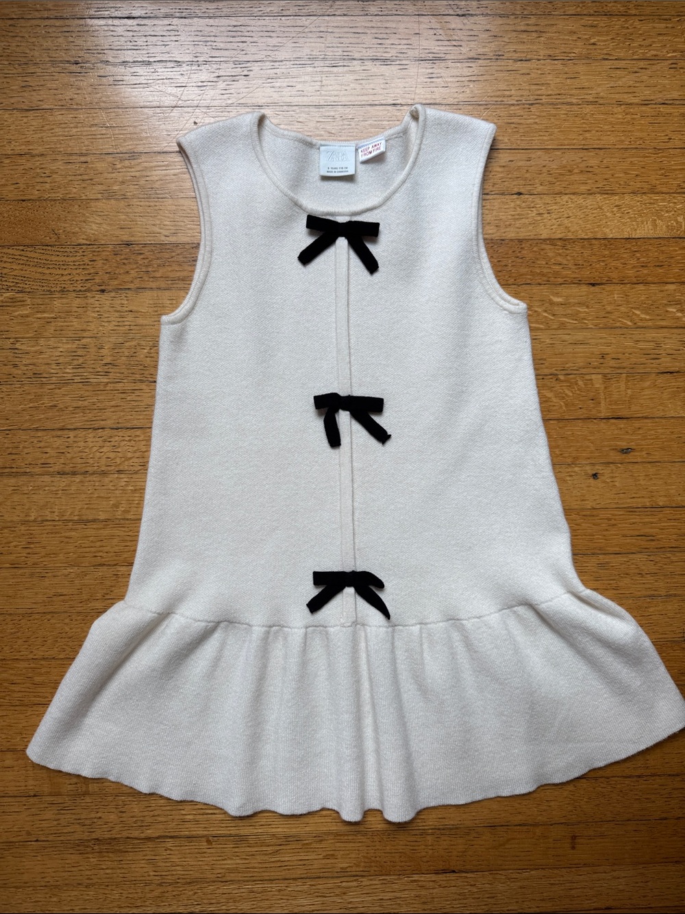 Zara Cream Sleeveless Knit Dress with Black Bow Details